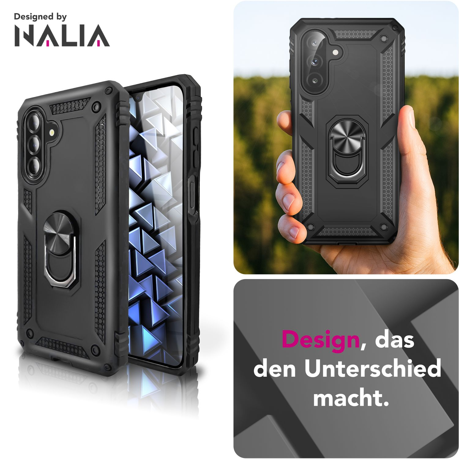 Handyhülle mit Ringhalter. Text: Entworfen von Nalia. Text: Design, das den Unterschied macht.