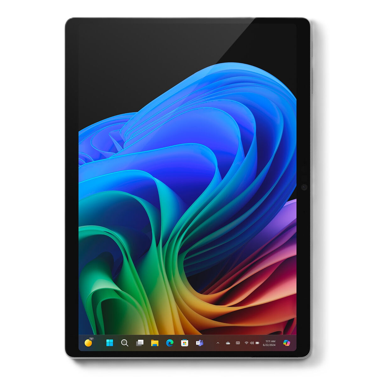 Un tablet con uno sfondo astratto colorato sullo schermo. Il tablet è nero. Lo sfondo è blu e viola.