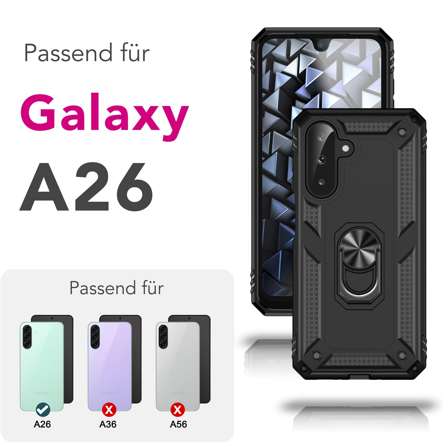 Eine Handyhülle mit einem Telefon darin. Die Hülle ist schwarz. Text sagt 'Galaxy A26' und andere Telefonmodelle.