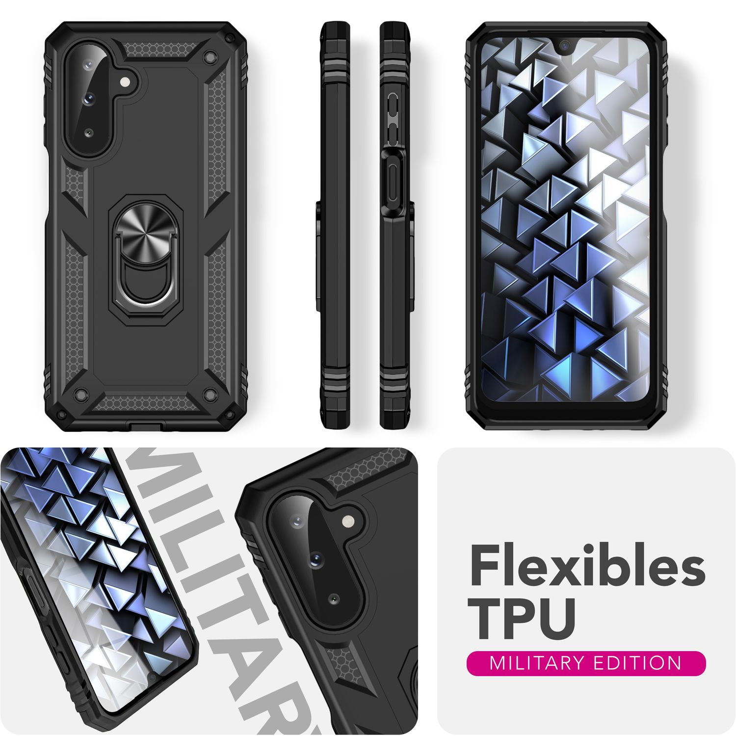 Mehrere Ansichten einer schwarzen Handyhülle. Text: Flexibles TPU, Military Edition.