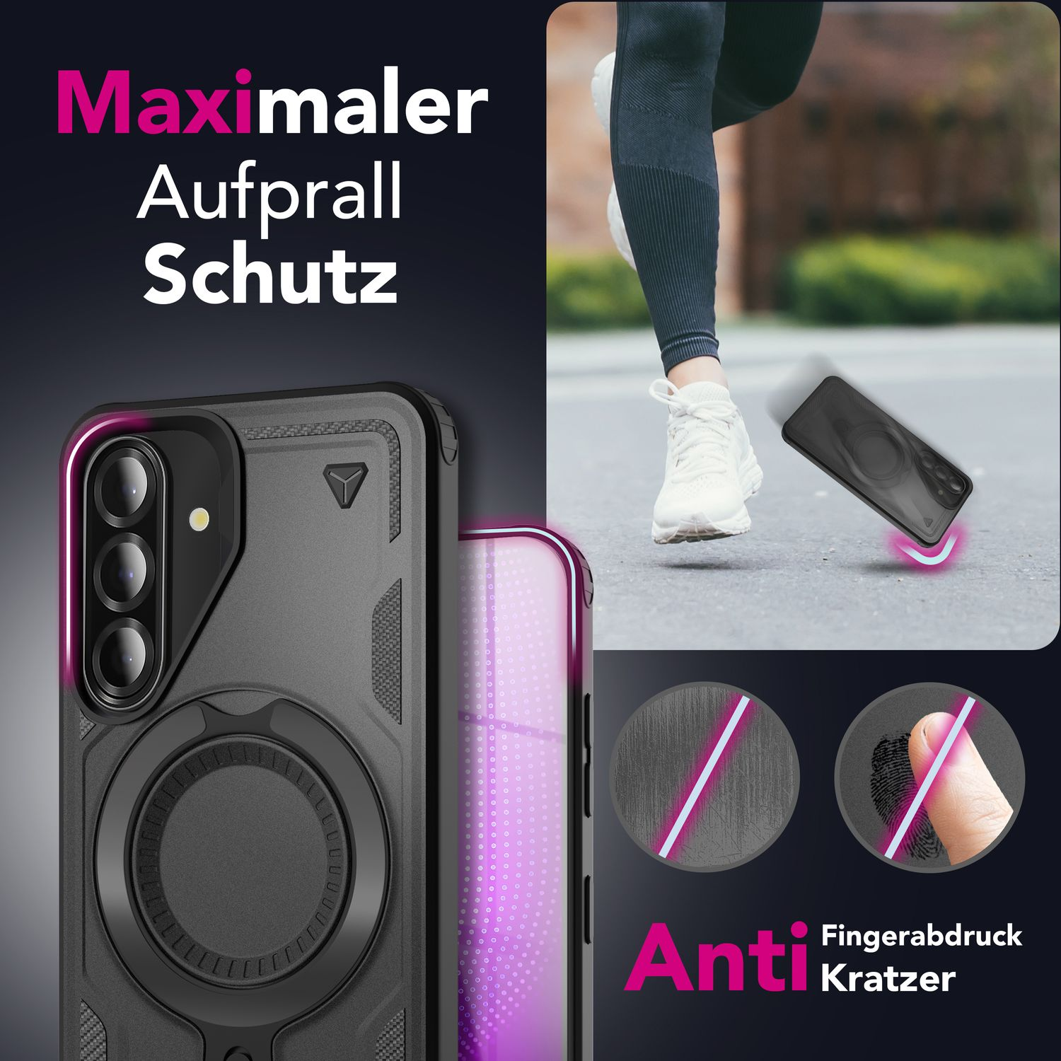 Eine Handyhülle mit Ringhalter. Text: Maximaler Aufprallschutz, Anti Fingerabdruck.