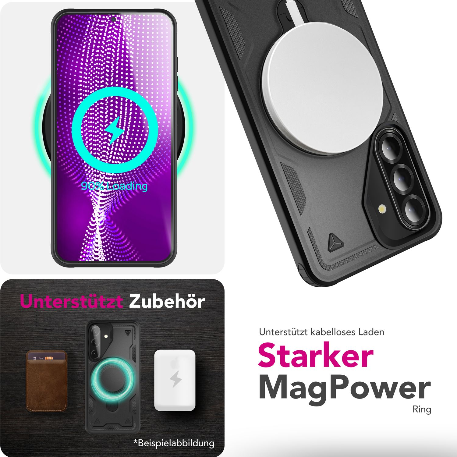 Telefon mit Hülle und kabellosem Ladegerät. Text: Unterstützt Zubehör, kabelloses Laden.