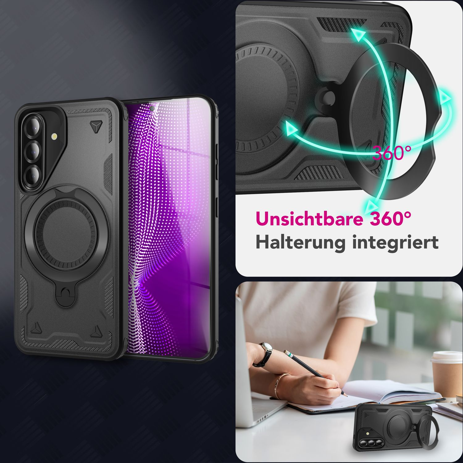 Eine schwarze Handyhülle. Eine Frau schreibt an einem Schreibtisch. Text sagt '360° Halterung integriert'.