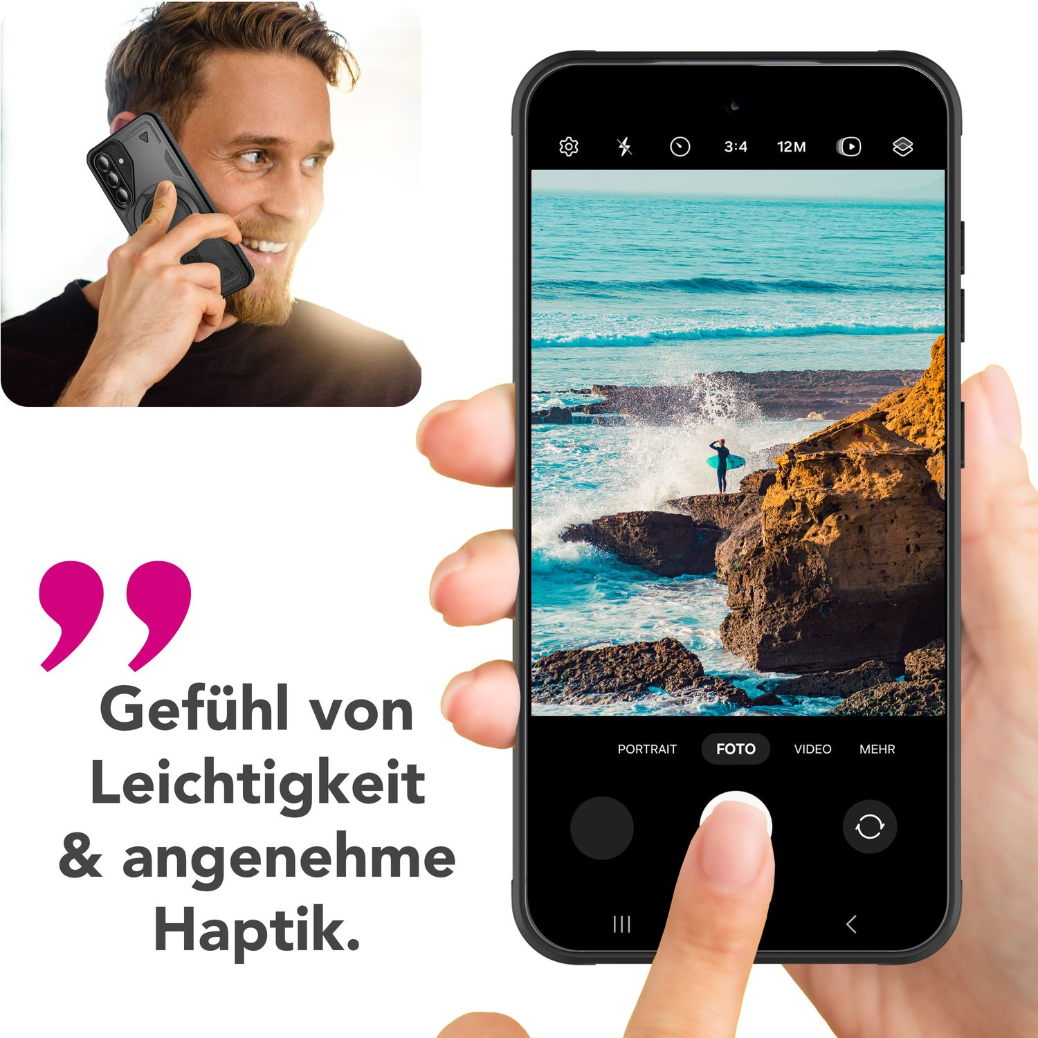 Ein Mann hält ein Telefon, das ein Foto vom Meer macht. Text: Gefühl von Leichtigkeit & angenehme Haptik.