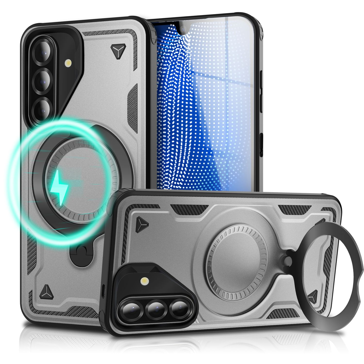 Silberne Handyhülle mit Ladesymbol und ein Telefonbildschirm mit Ladeanzeige.