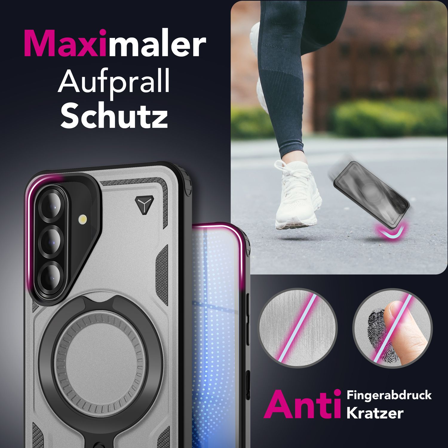 Eine Handyhülle mit einem grauen Ring. Die Handyhülle ist grau. Text auf Deutsch sagt 'Maximaler Aufprall Schutz' und 'Anti Kratzer'.