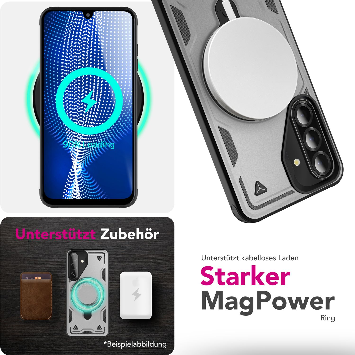 Telefon lädt kabellos. Zubehör und Text 'Starker MagPower Ring'.