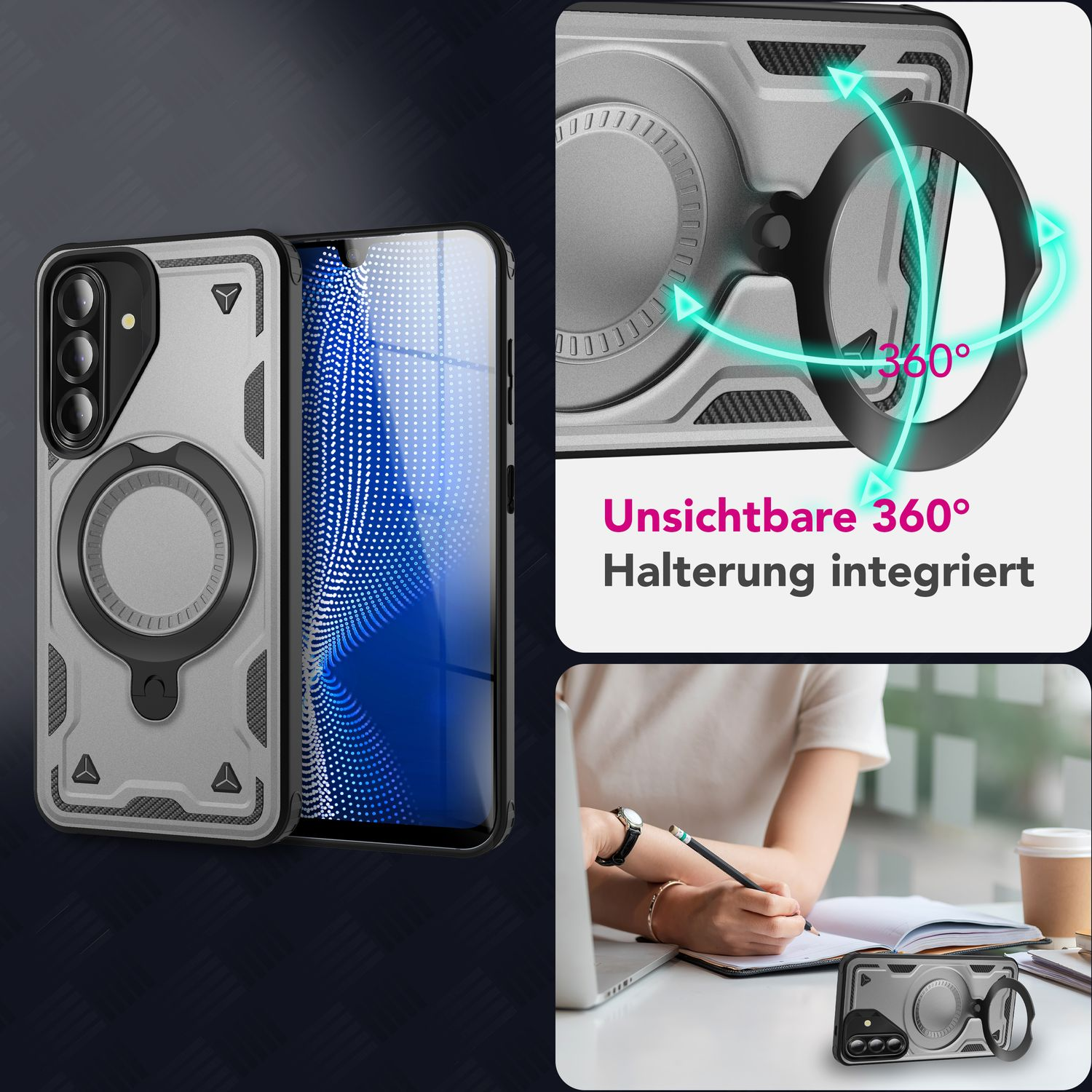 Eine Handyhülle mit Ring und Telefon darin. Die Hülle ist grau und schwarz. Eine Person schreibt mit einem Stift.