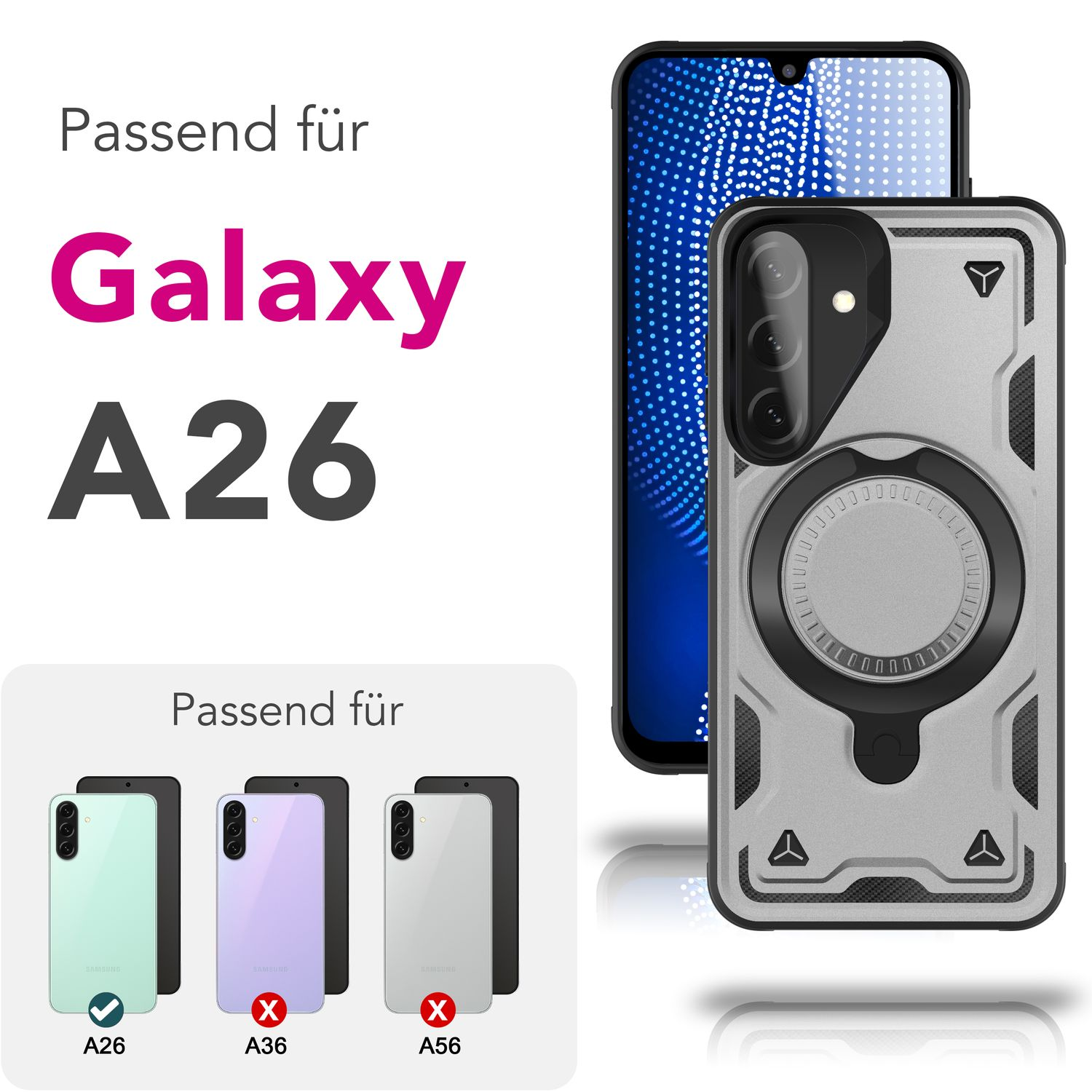 Handyhülle mit Telefon im Hintergrund. Text besagt, dass Galaxy A26 kompatibel ist. Andere Modelle sind nicht kompatibel.