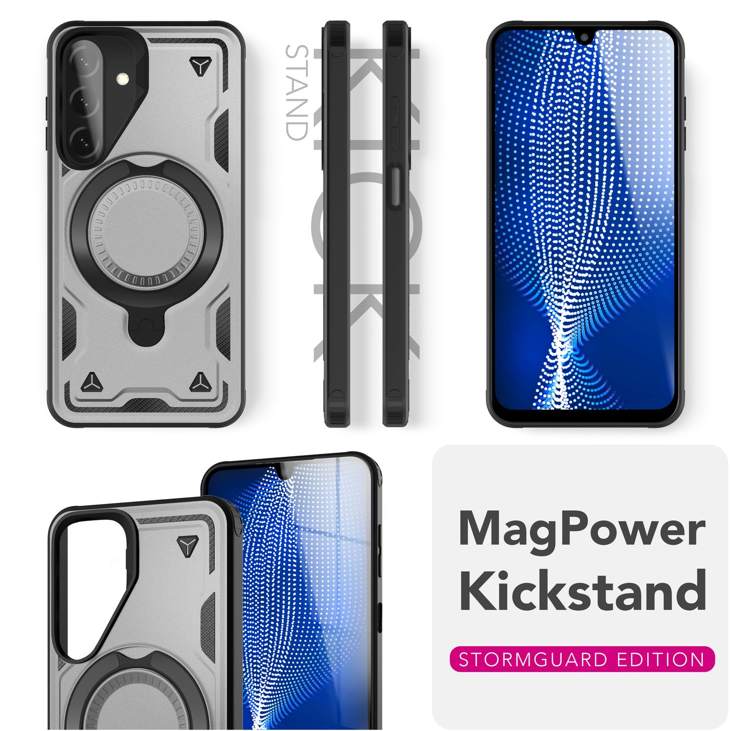 Graue Handyhülle, verschiedene Winkel, mit dem Text 'MagPower Kickstand' und einem Telefonbildschirm.