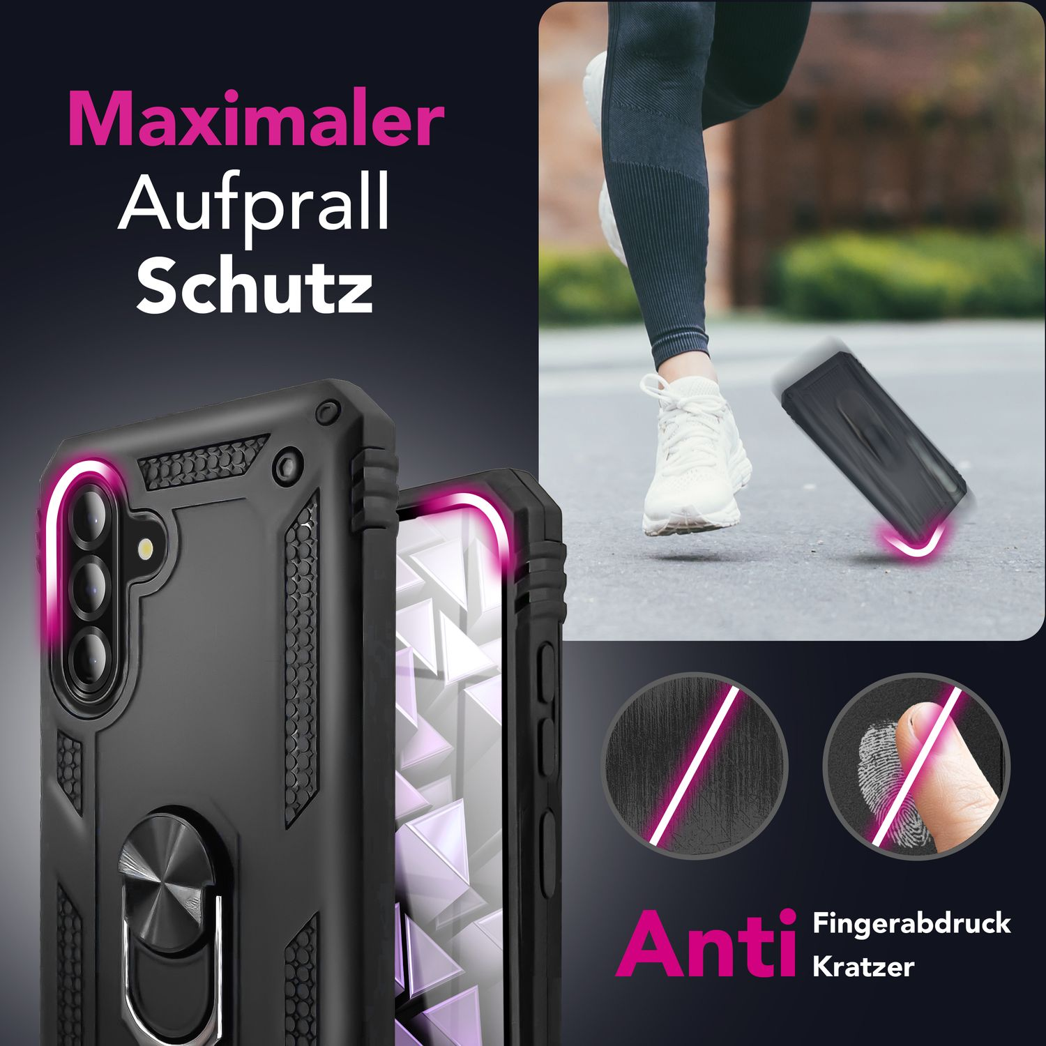 Schwarze Handyhülle mit pinken Akzenten, Text und eine Person, die im Hintergrund rennt.