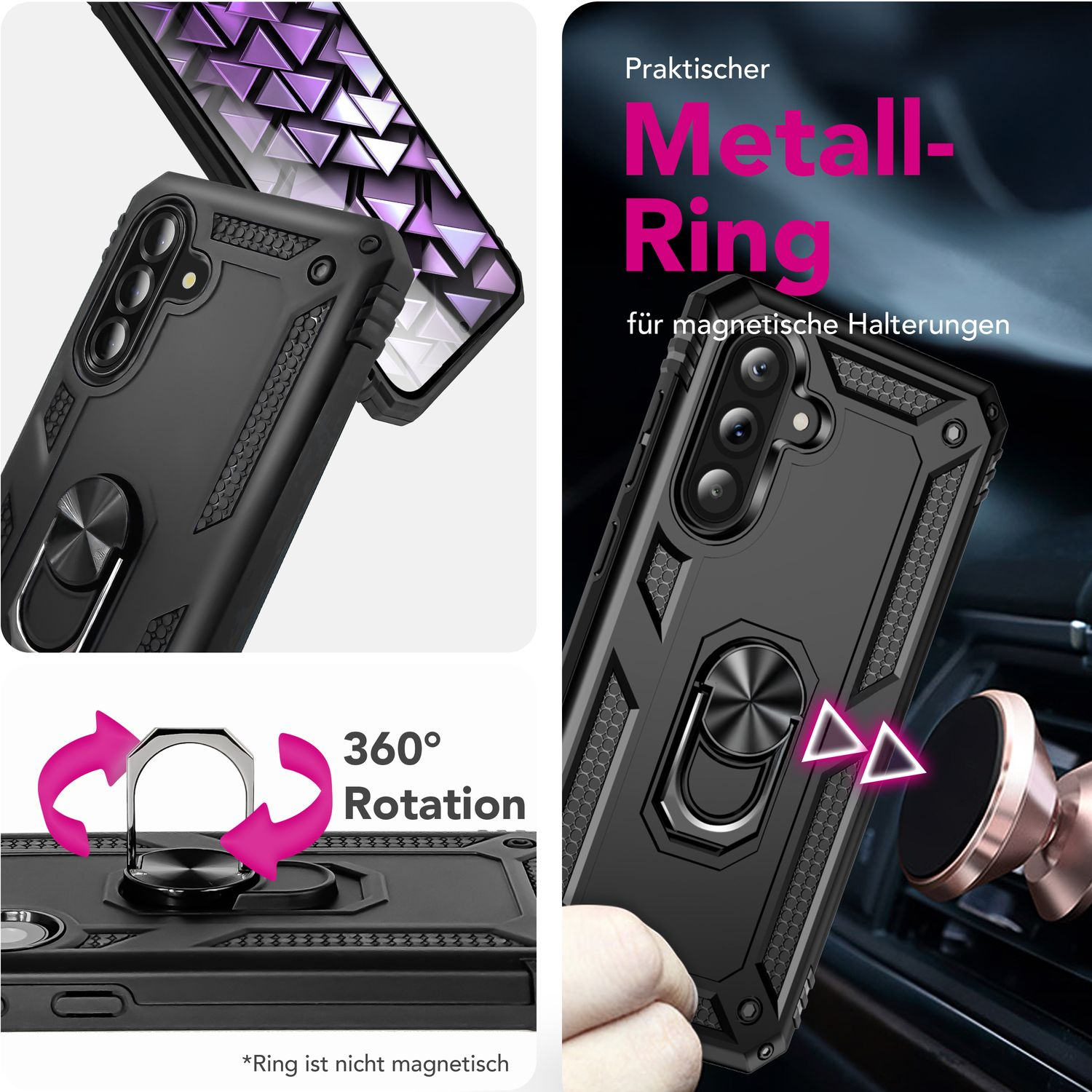 Schwarze Handyhülle mit Ring, 360° Drehung und Text 'Metall-Ring'.
