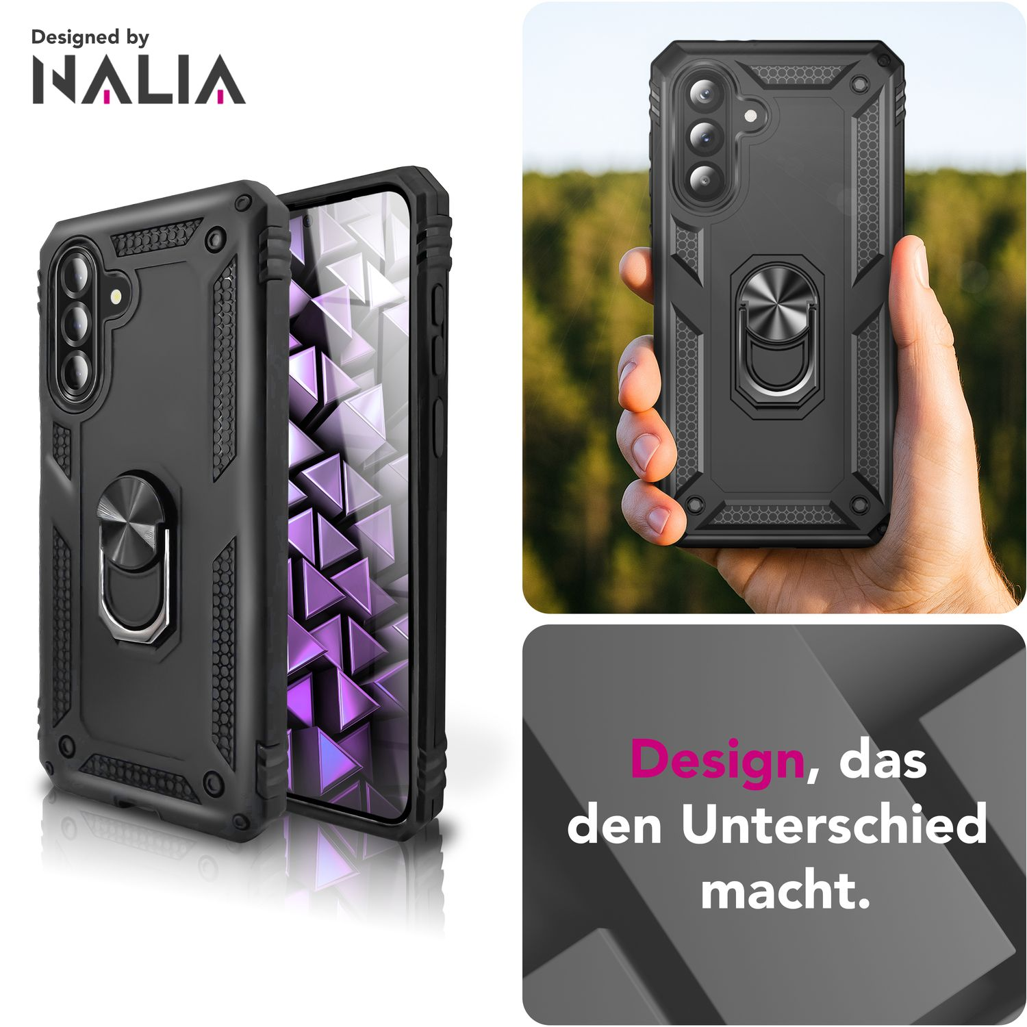 Schwarze Handyhülle mit Metallring. Text: 'Designed by NALIA' und 'Design, das den Unterschied macht'.