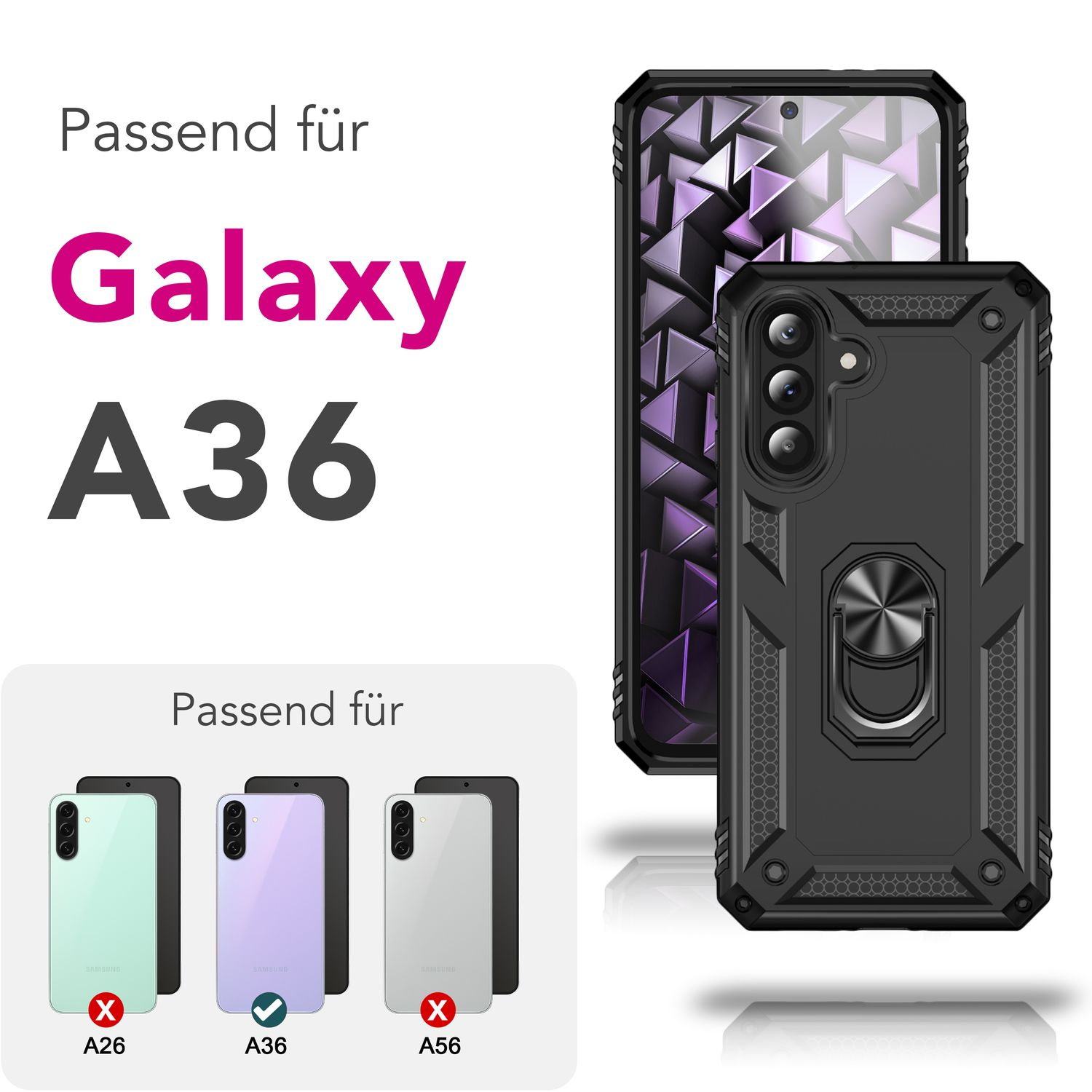 Schwarze Handyhülle, kompatibel mit Galaxy A36, mit Beispielen anderer Telefonmodelle.