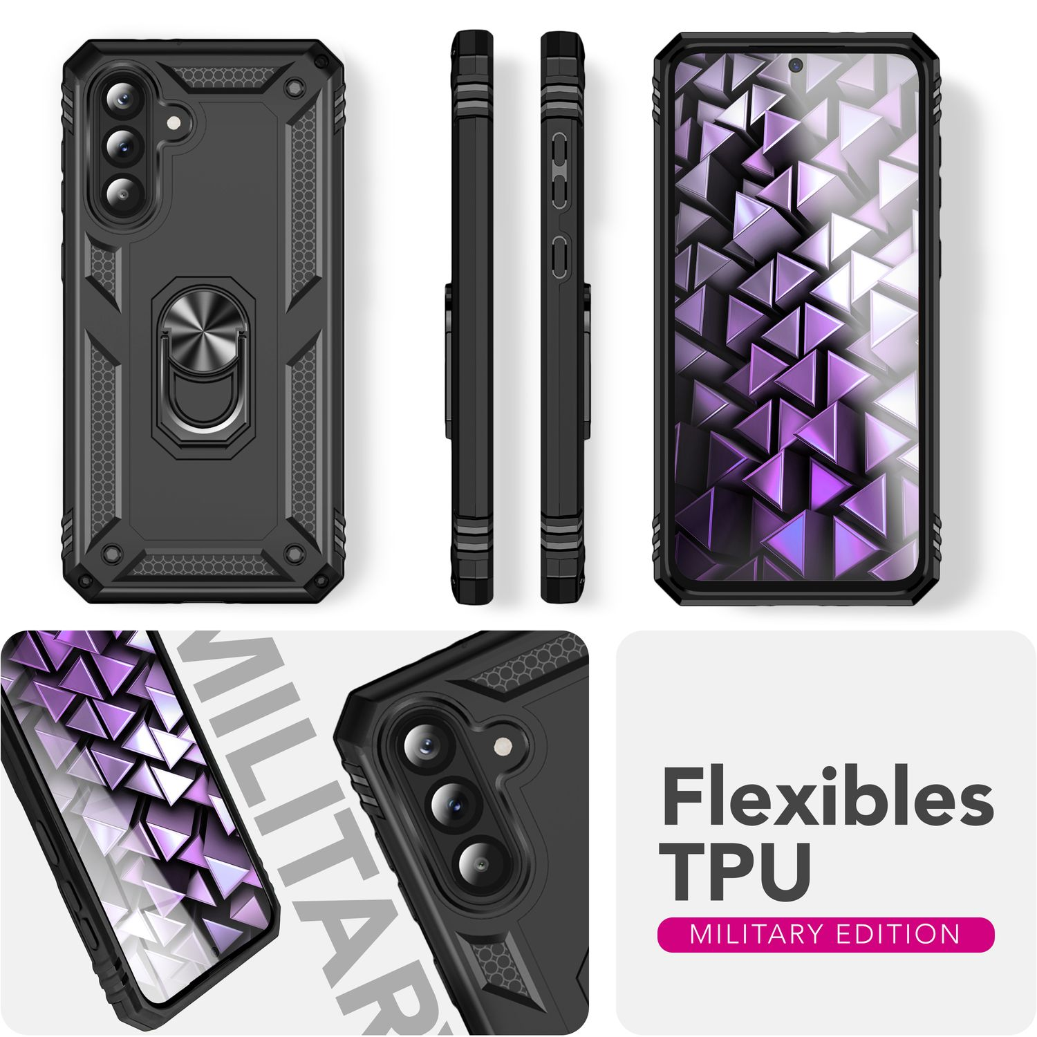 Schwarze Handyhülle mit Ring, verschiedene Winkel, mit Text 'Flexibles TPU' und Bildschirm.