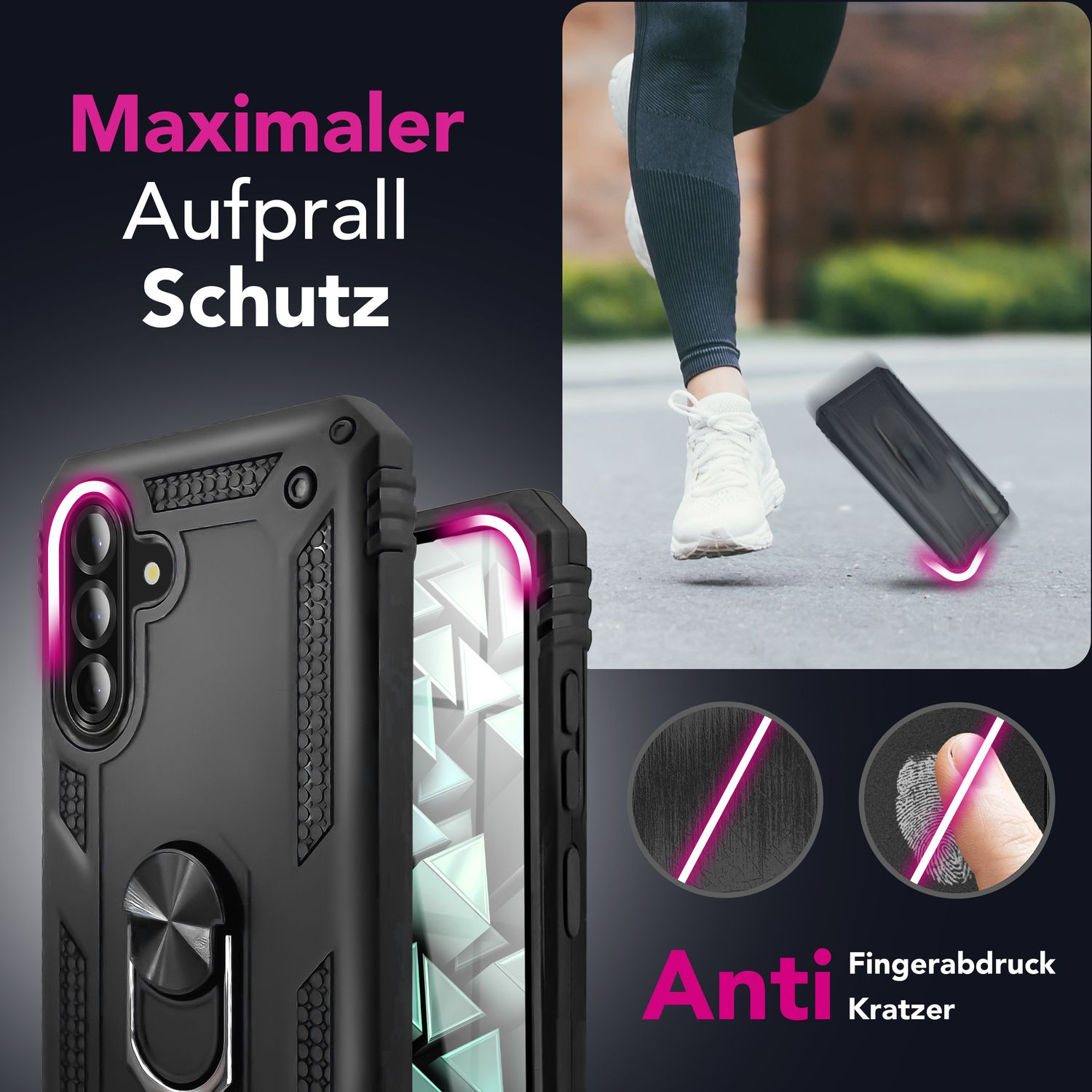 Schwarze Handyhülle mit pinken Akzenten, Text und eine Person, die im Hintergrund rennt.