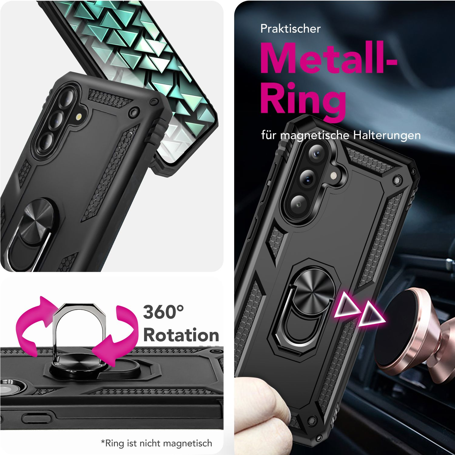 Schwarze Handyhülle mit Metallring für Magnethalterungen. Mit 360° Drehbarkeit. Text: 'Metall-Ring'.