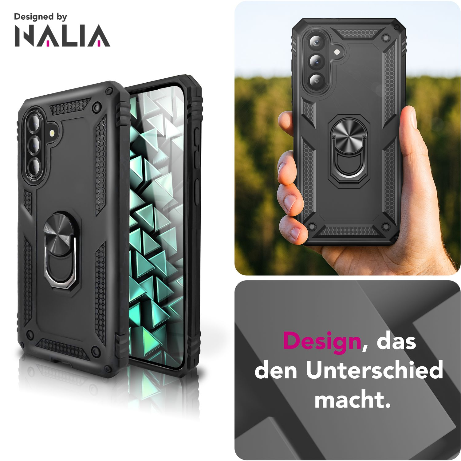 Schwarze Handyhülle, entworfen von Nalia, mit Ring und Text 'Design, das den Unterschied macht'.