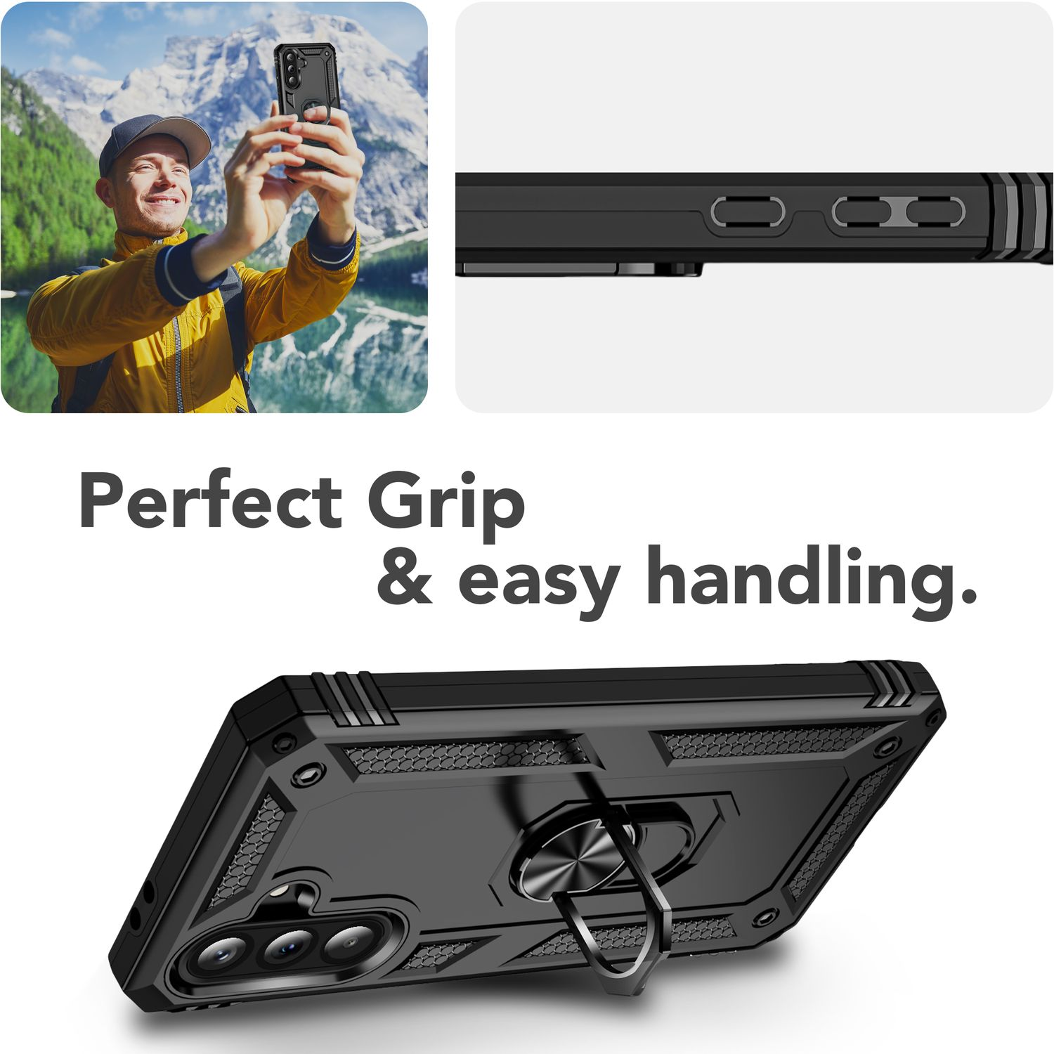 Ein Mann macht ein Selfie mit einer schwarzen Handyhülle. Text: 'Perfect Grip & easy handling'. Handyhülle mit Metallring.