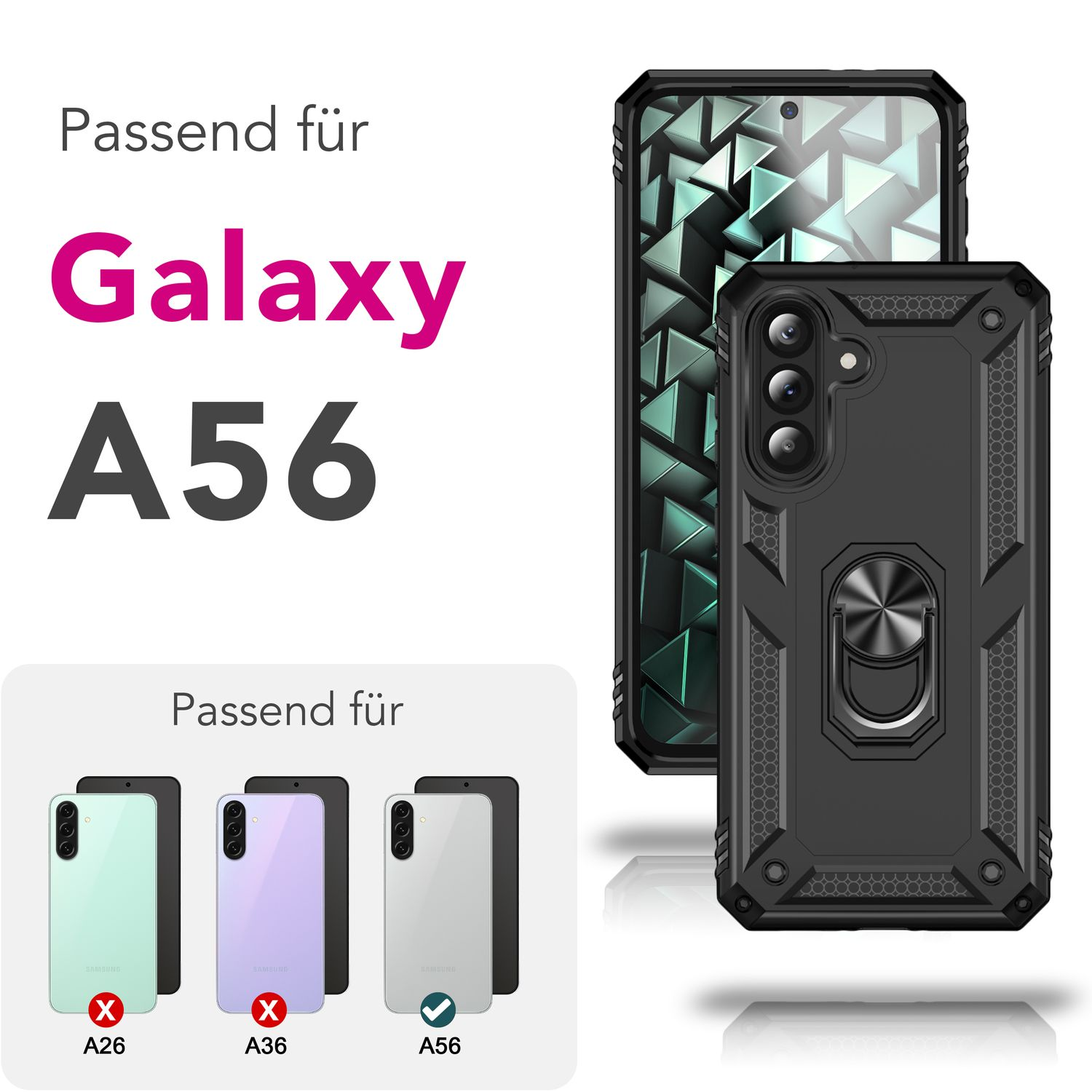 Schwarze Handyhülle, kompatibel mit Galaxy A56, mit Beispielen anderer Telefonmodelle.