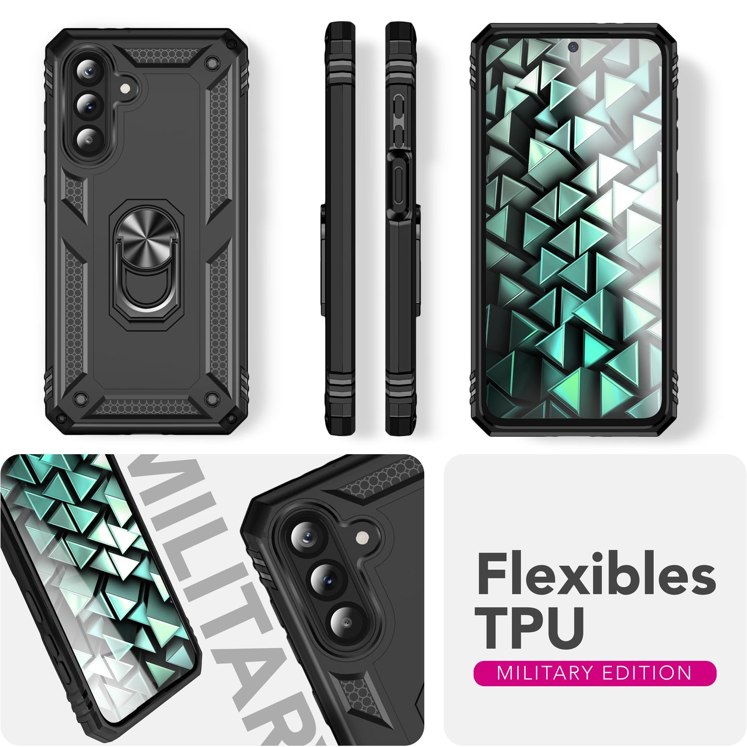 Mehrere Ansichten einer schwarzen Handyhülle. Mit Metallring und Text: 'Flexibles TPU MILITARY EDITION'.