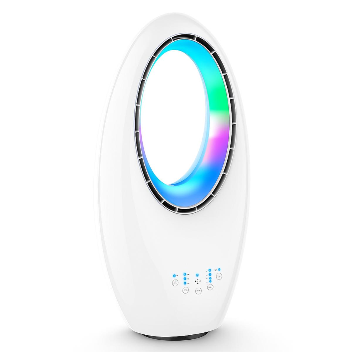 Weißer, oval geformter Ventilator mit buntem Lichtring. Hat Knöpfe und ein Display.