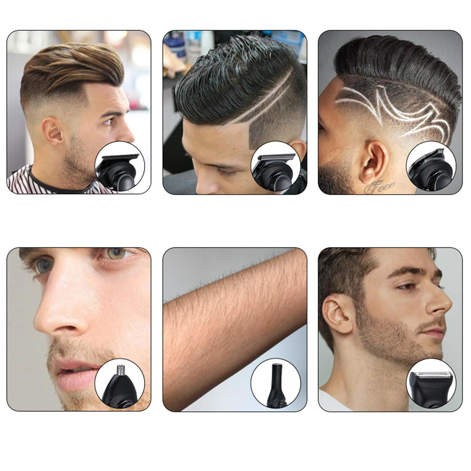 Eine Collage von Männergesichtern mit verschiedenen Frisuren und Barttrimms, mit Nahaufnahmen von elektrischen Trimmern.