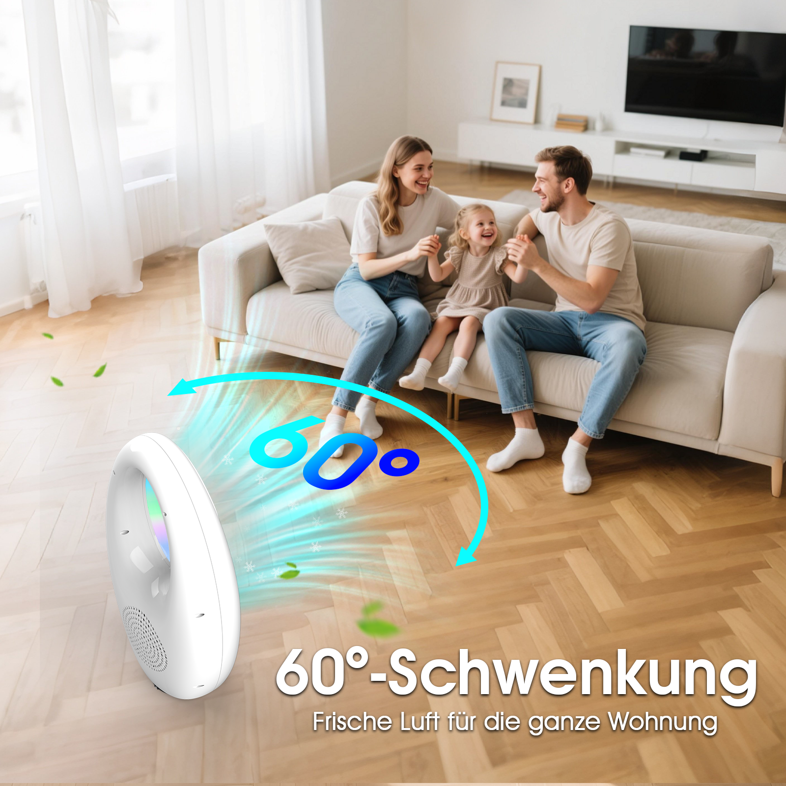 Eine Familie sitzt auf einem Sofa mit einem weißen Luftreiniger im Vordergrund.