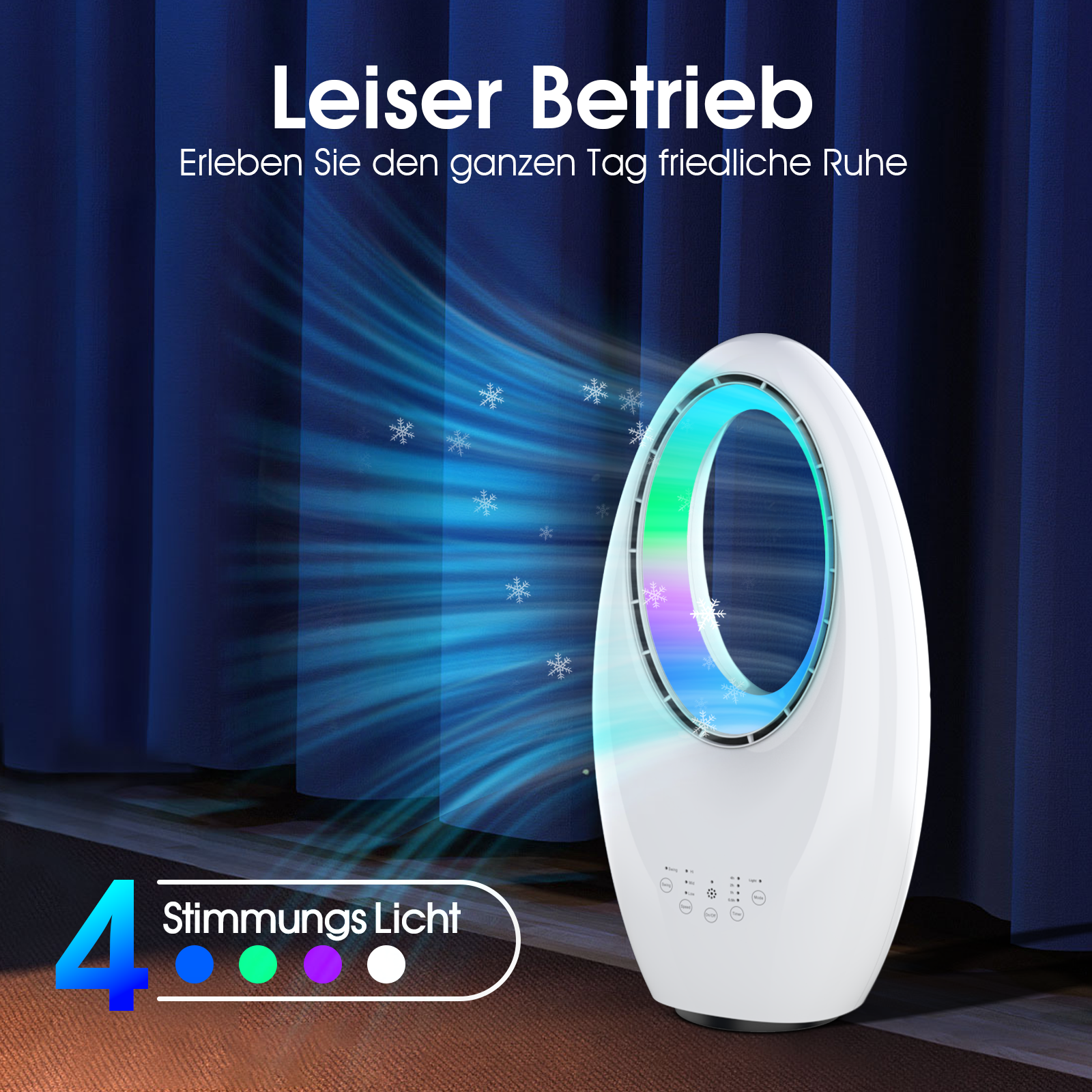 Ein ovales, weißes Luftreinigungsgerät, das farbiges Licht und einen blauen Fluss aussendet.