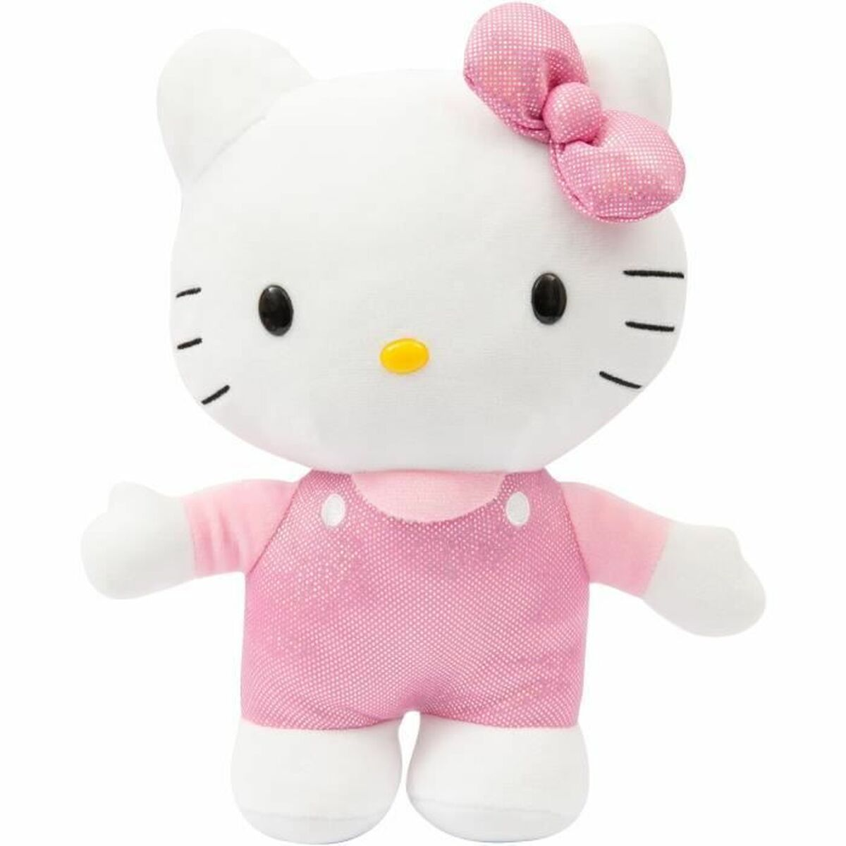 Ein stehendes Hello Kitty Plüschtier mit rosa Outfit und Schleife.