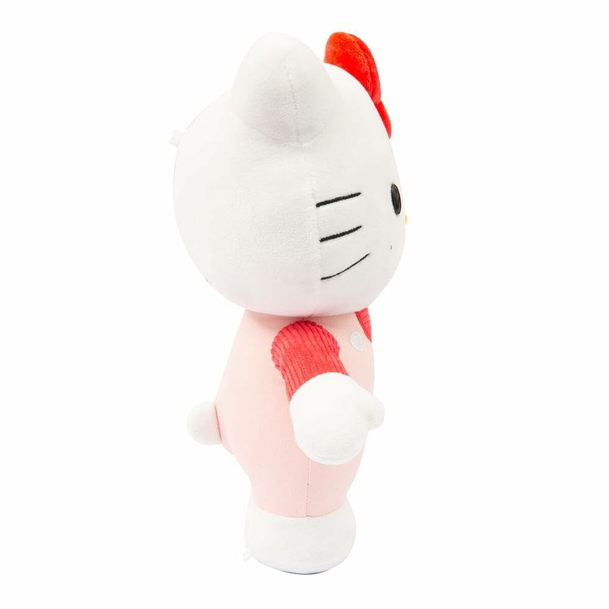 Hello Kitty Plüschtier in Pink und Weiß, mit roter Schleife. Seitenprofil, weißer Hintergrund.