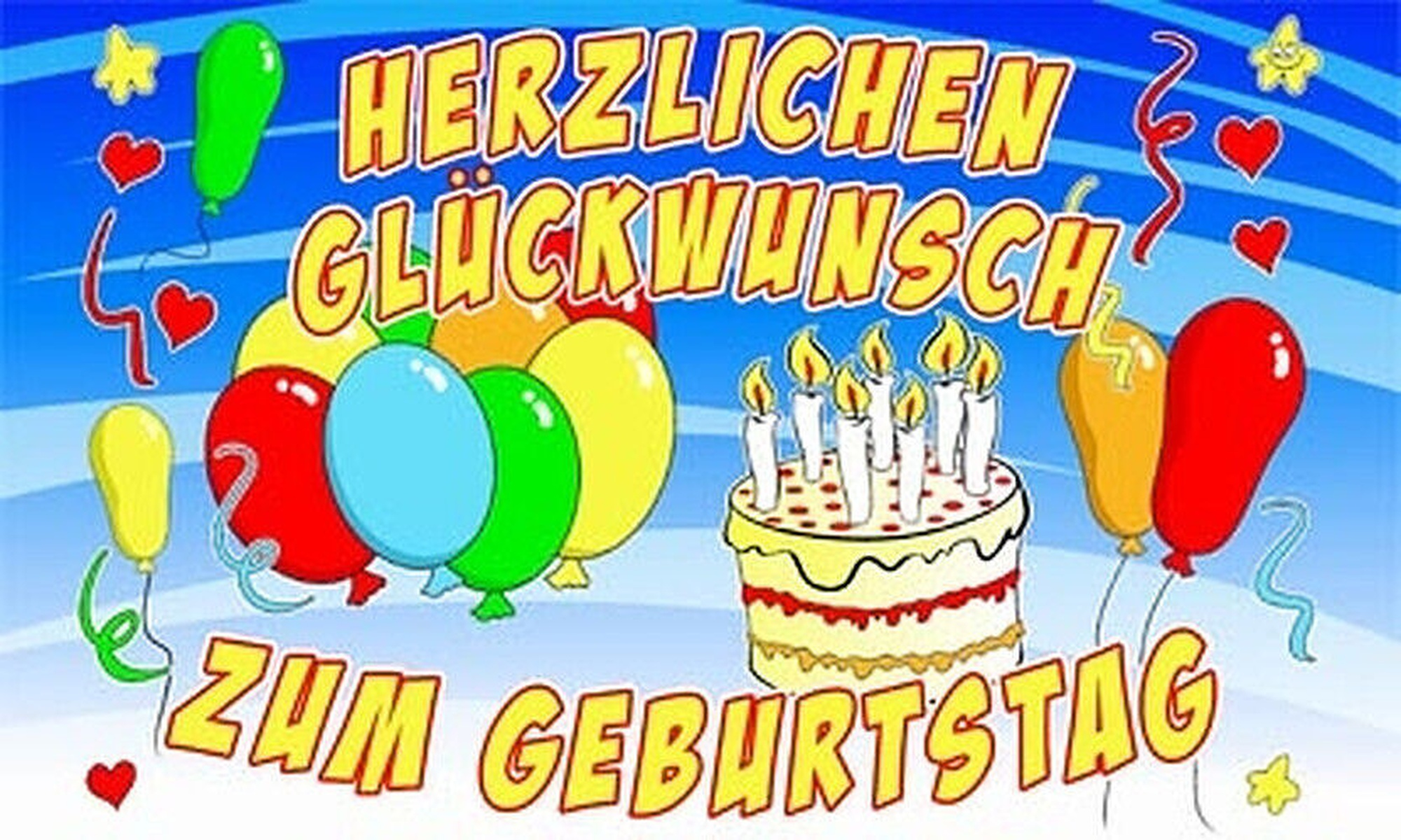 Ein bunter Geburtstagsgruß mit Luftballons, Kuchen und den Worten "Herzlichen Glückwunsch".
