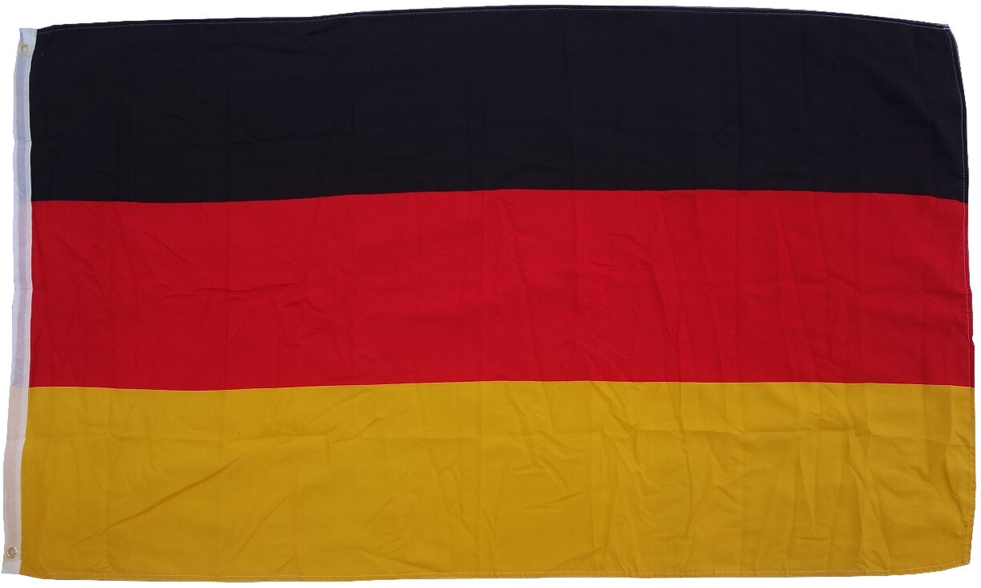 Die deutsche Flagge mit schwarzen, roten und gelben horizontalen Streifen. Die Flagge ist vollständig ausgebreitet.