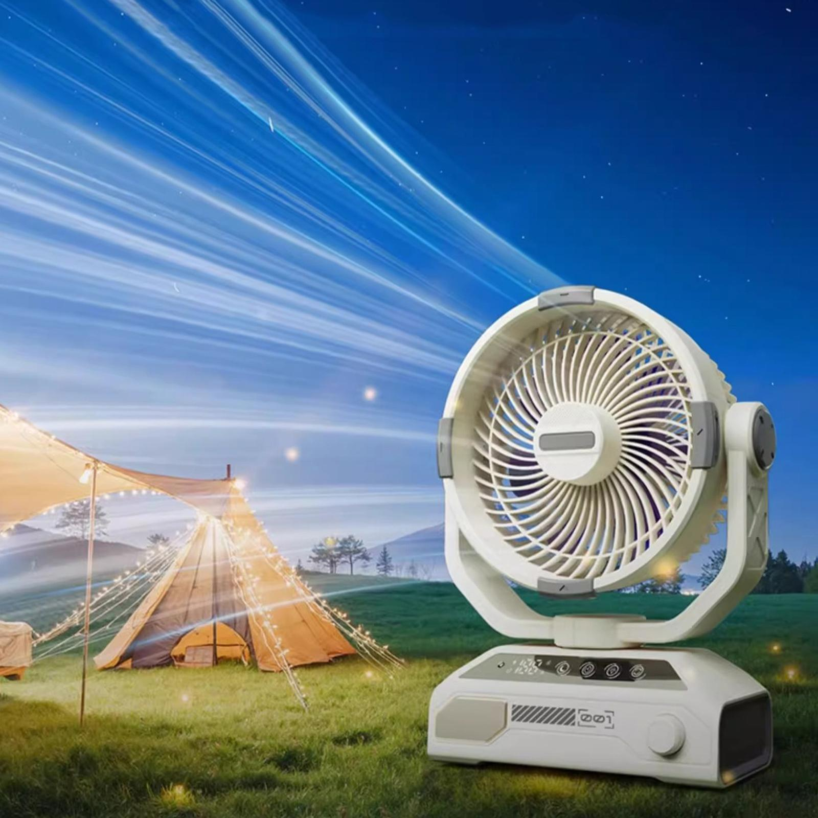 Ein weißer Ventilator auf weißem Sockel, blauer Himmel mit Sternen. Zelt auf dem Rasen, mit Licht.