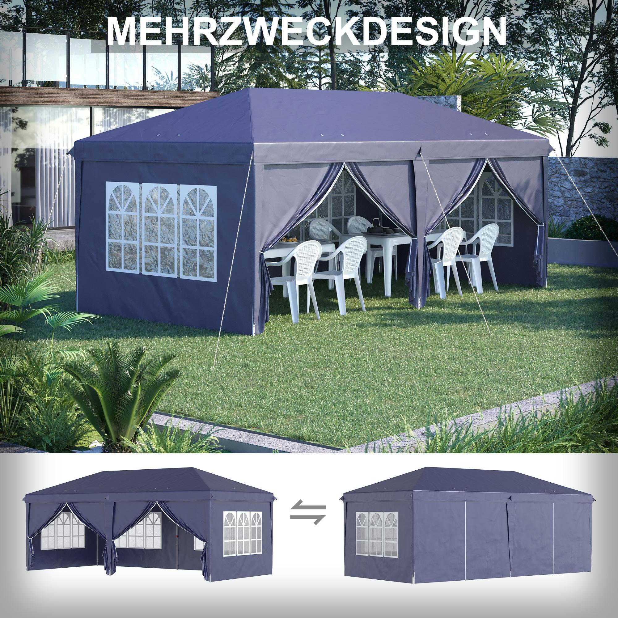 Ein blauer Pavillon auf einer grünen Wiese. Der Pavillon hat Fenster und weiße Stühle.