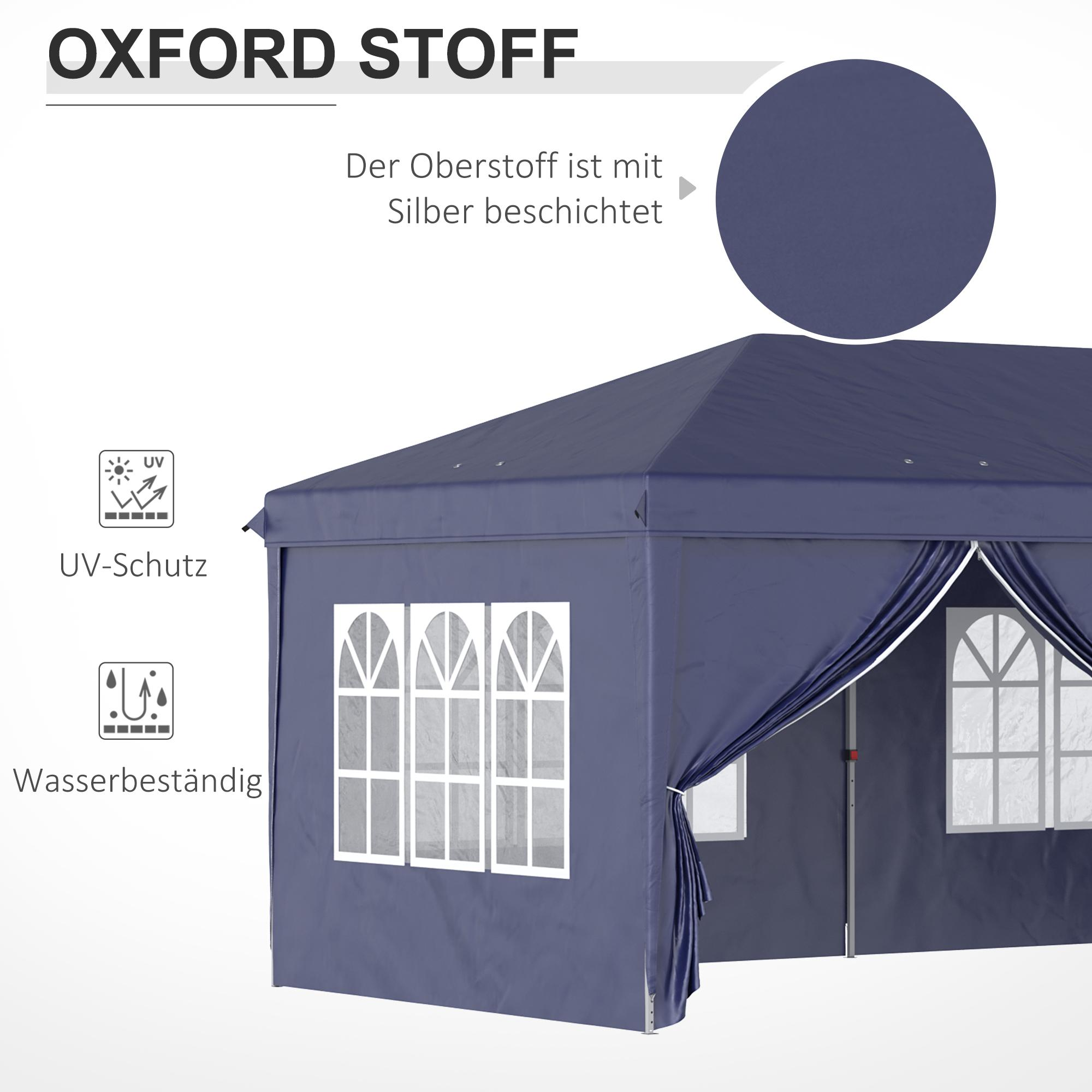 Blauer Pavillon mit weißen Zierleisten und Fenstern. Text über UV-Schutz und Wasserbeständigkeit ist vorhanden.