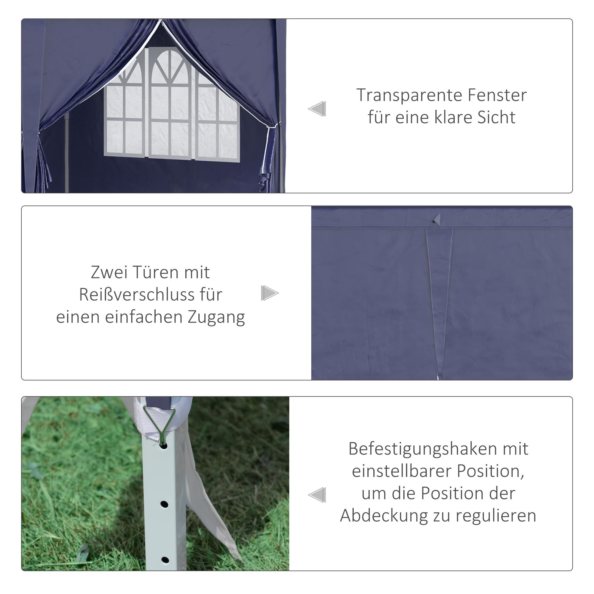 Details des Pavillons: Fenster, Reißverschlüsse, Pflöcke. Text zeigt klare Sicht, einfachen Zugang und einstellbare Position.
