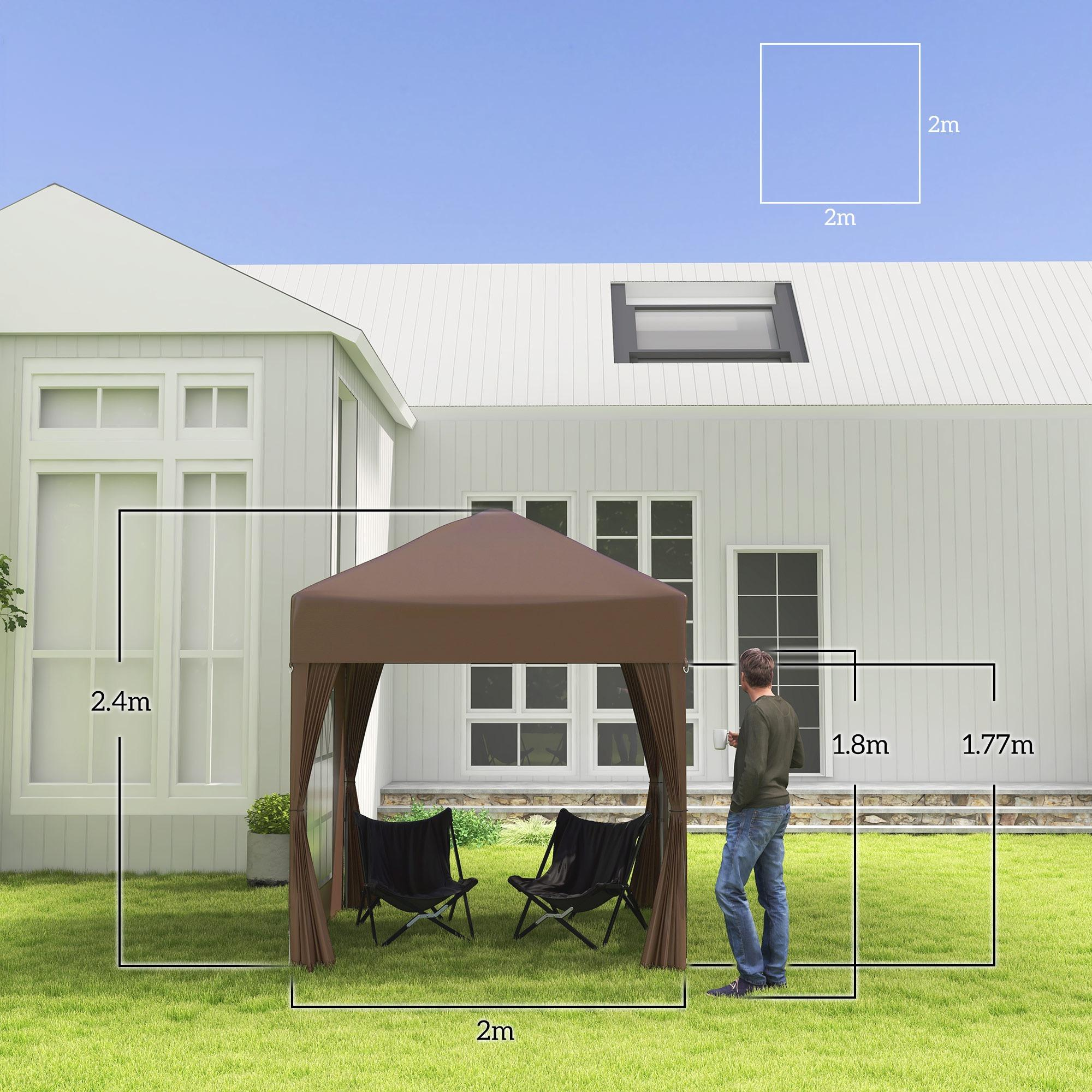 Ein brauner Pavillon auf einer Wiese mit einem Mann. Abmessungen sind beschriftet: 2m x 2m, 2,4m, 1,8m, 1,77m.