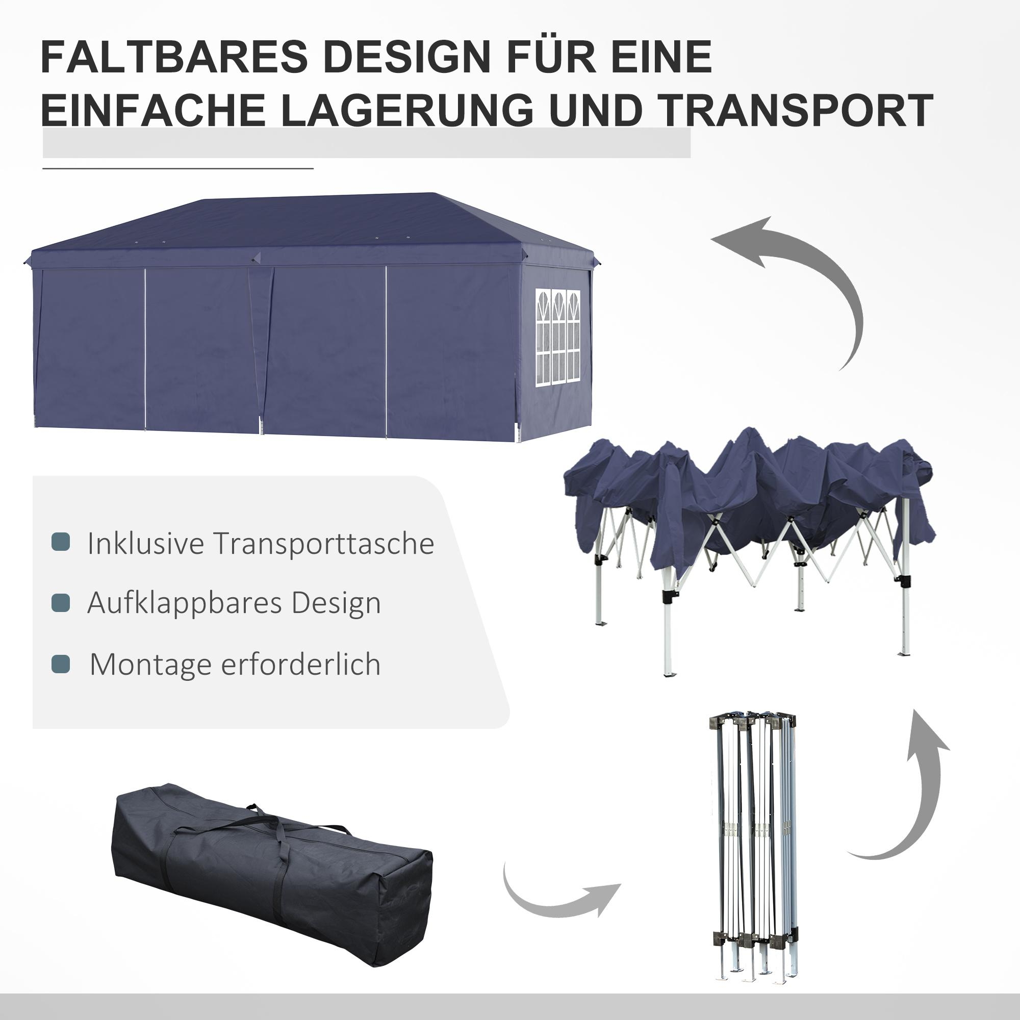 Diagramm zeigt einen blauen Pavillon, der gefaltet wird. Text auf Deutsch: 'FALTBARES DESIGN FÜR EINE EINFACHE LAGERUNG UND TRANSPORT'.