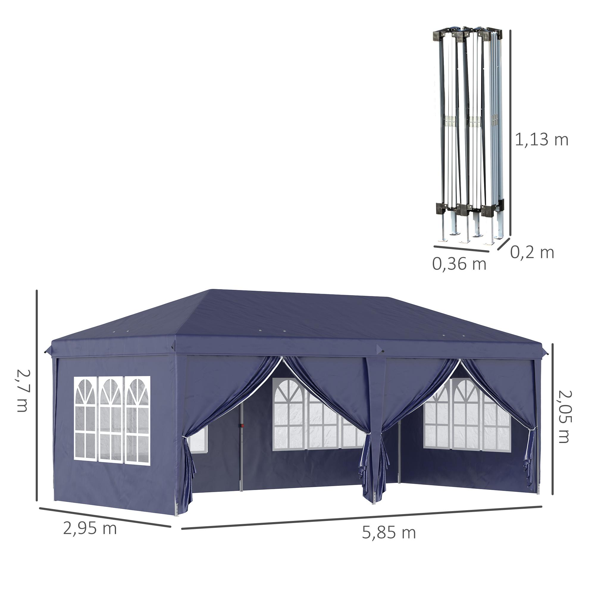 Ein marineblauer Pavillon mit Maßangaben. Daneben ist ein zusammengeklappter Rahmen mit Maßangaben abgebildet.