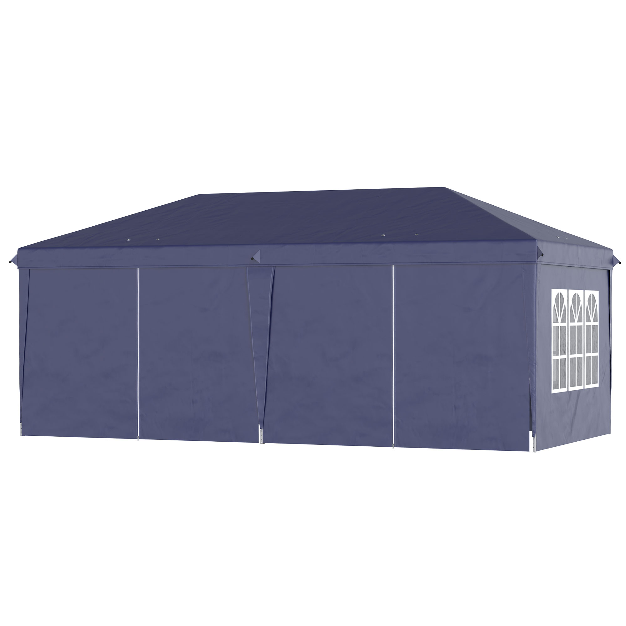 Ein blauer Pavillon mit weißen Zierleisten und Fenstern. Der Pavillon hat eine rechteckige Form.