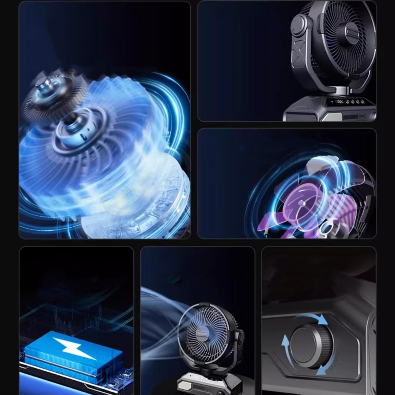 Mehrere Bilder zeigen einen tragbaren Ventilator mit blauen Flügeln und schwarzem Rahmen.