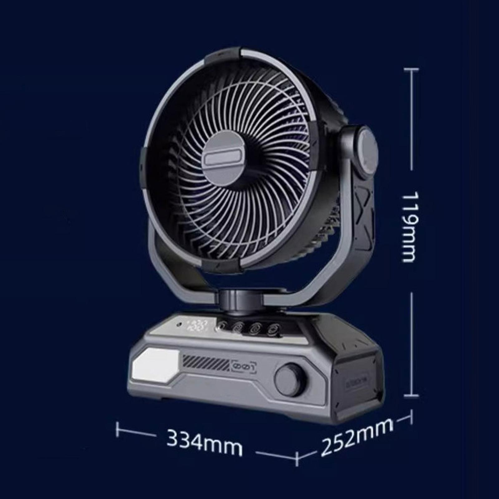 Schwarz-grauer Ventilator mit Abmessungen. Der Ventilator hat ein kreisförmiges Design und steht auf einem rechteckigen Sockel.