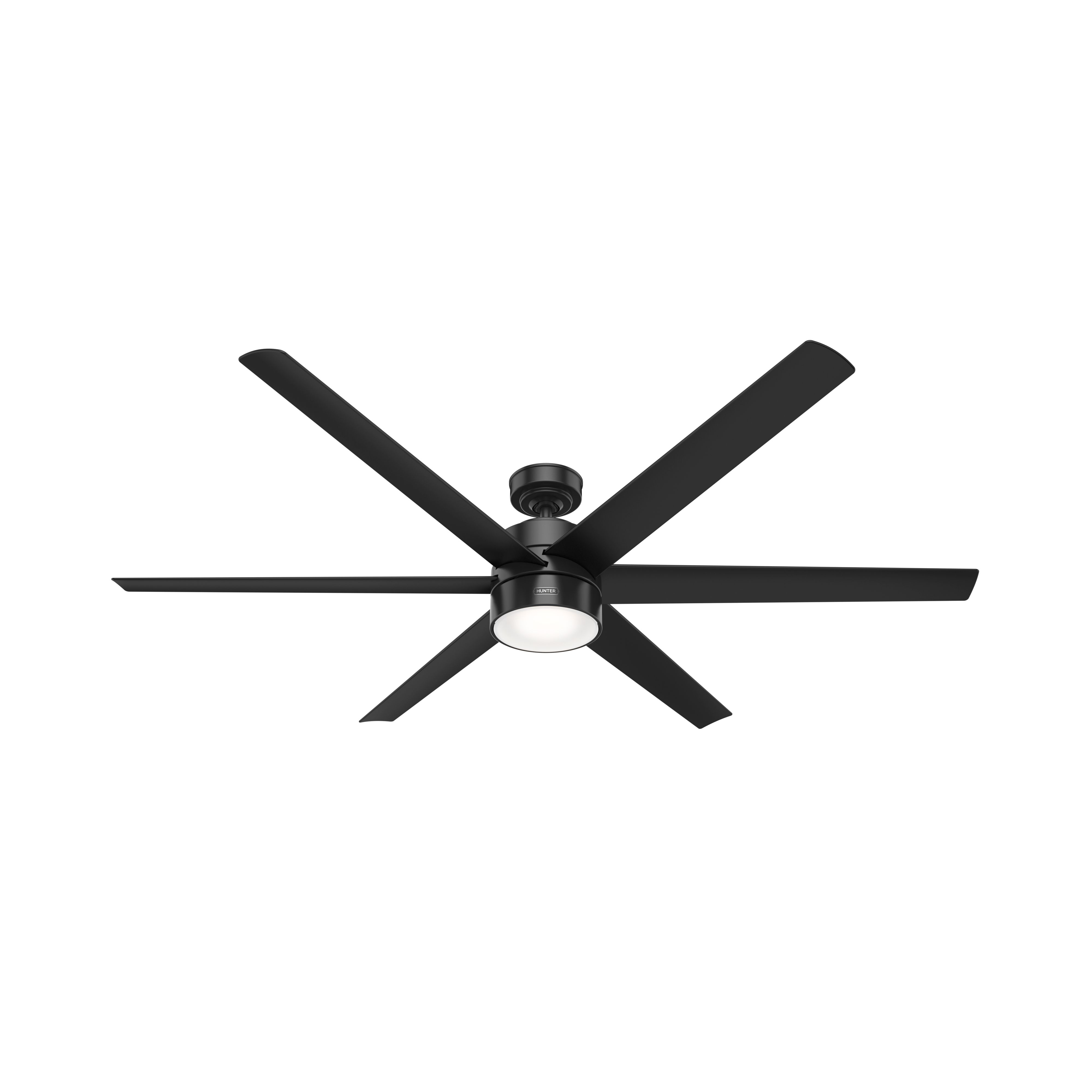 Schwarzer Deckenventilator mit sechs Flügeln, einem zentralen Licht und einem dunkelgrauen Motorgehäuse.