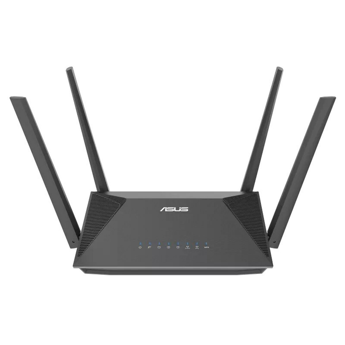 Schwarzer ASUS-Router mit sechs Antennen. Er hat Kontrollleuchten, der Markenname ist sichtbar.