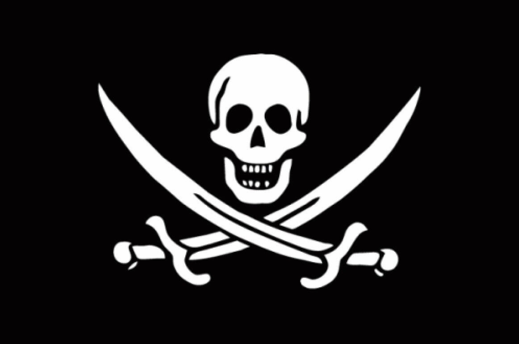 Piratenflagge mit weißem Totenkopf und gekreuzten Schwertern auf schwarzem Grund.