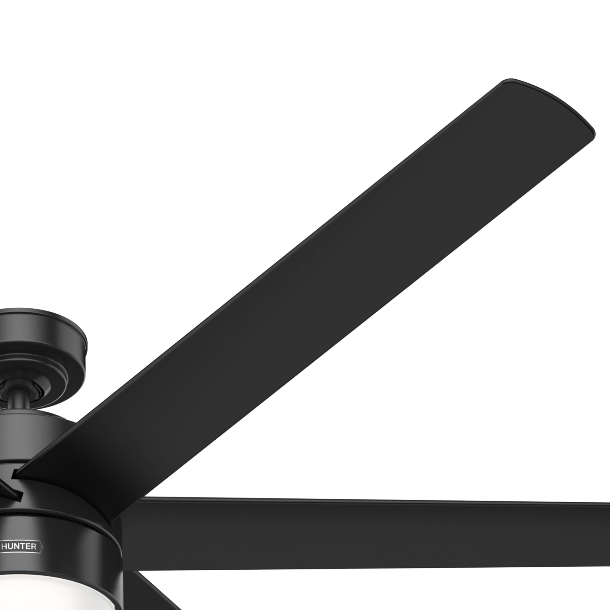 Nahaufnahme eines schwarzen Deckenventilatorflügels vor weißem Hintergrund.