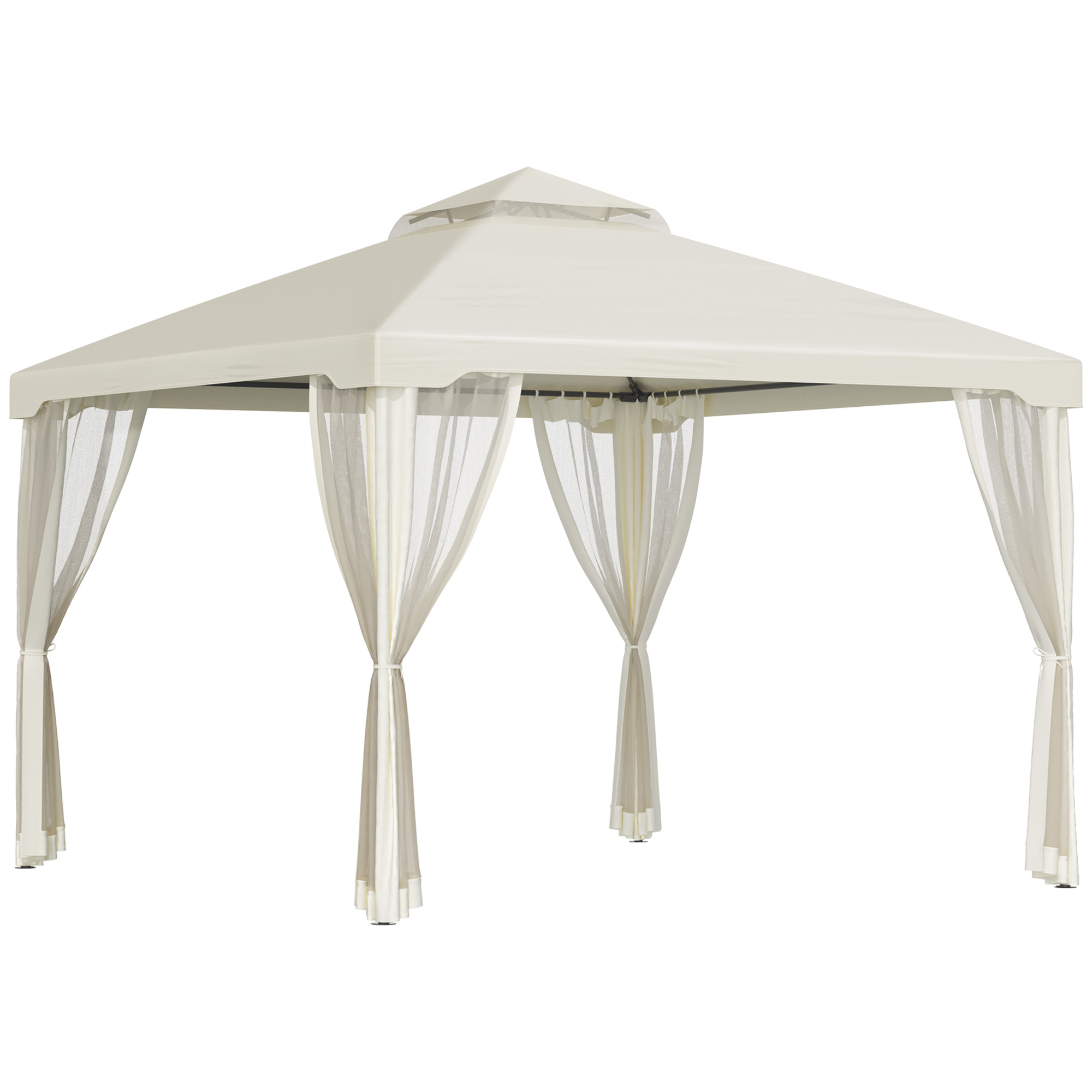 Weißer Pavillon mit Vorhängen. Er hat eine quadratische Form und steht vor weißem Hintergrund.