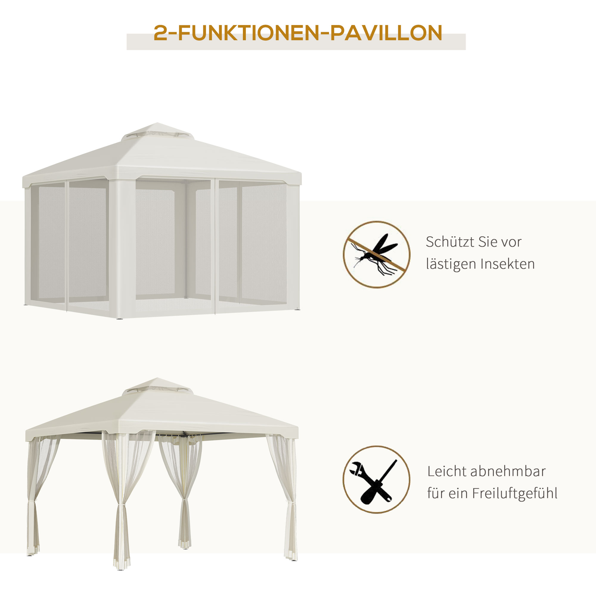 Weißer Pavillon mit Moskitonetz und Vorhängen, mit deutschem Text.