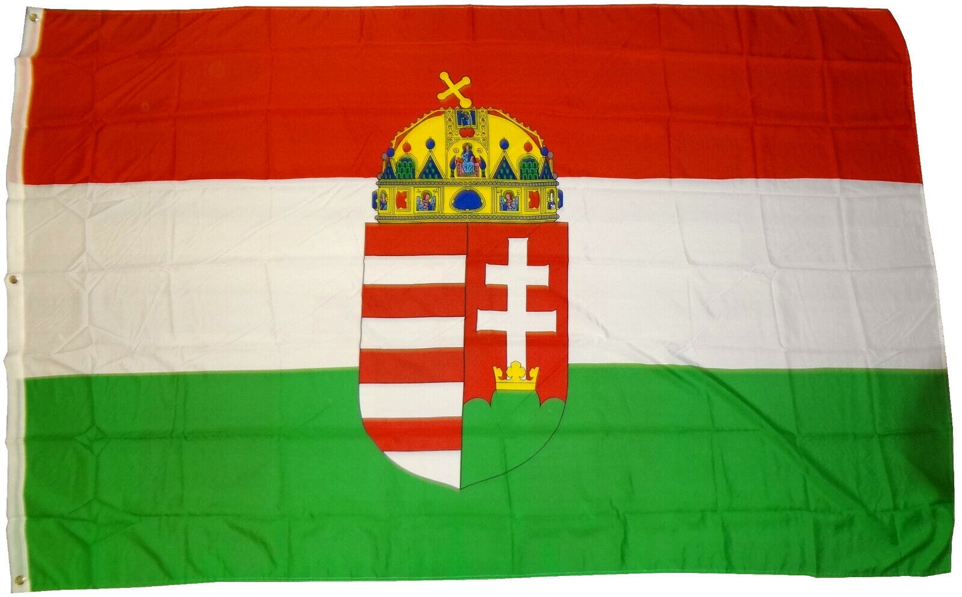 Ungarische Flagge mit roten, weißen und grünen horizontalen Streifen und Wappen.